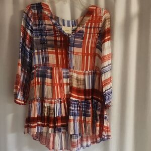 Anthropologie Maeve Lila Tiered Plaid Tunic Top Blue Red White Peasant Boho  XS